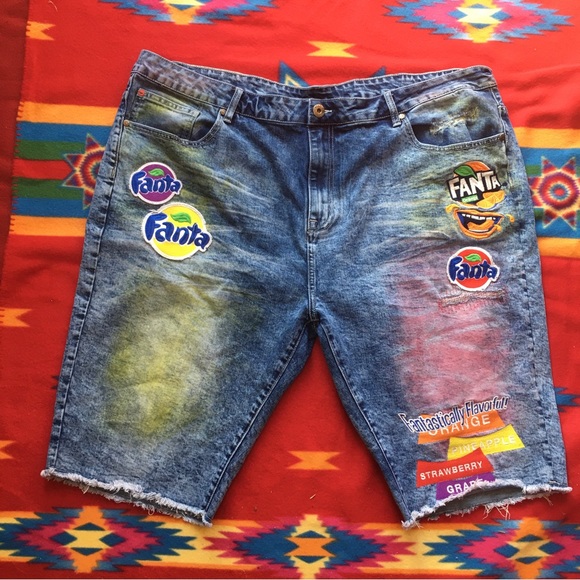 Staple FANTA Patched Stone Wash Raw Hem  Denim Shorts Men 44 Hip Hop Street Wear - Picture 9 of 9